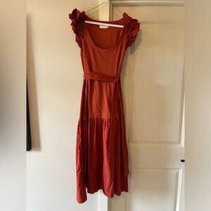 Nation LTD Everleigh Frilly Midi Dress Cayenne red-orange size Large